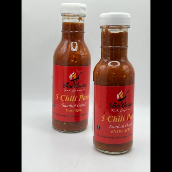 Two bottles of Thai Corner Food Express 5 Chili Paste Sambal Oelek Extra Spicy on a white background.